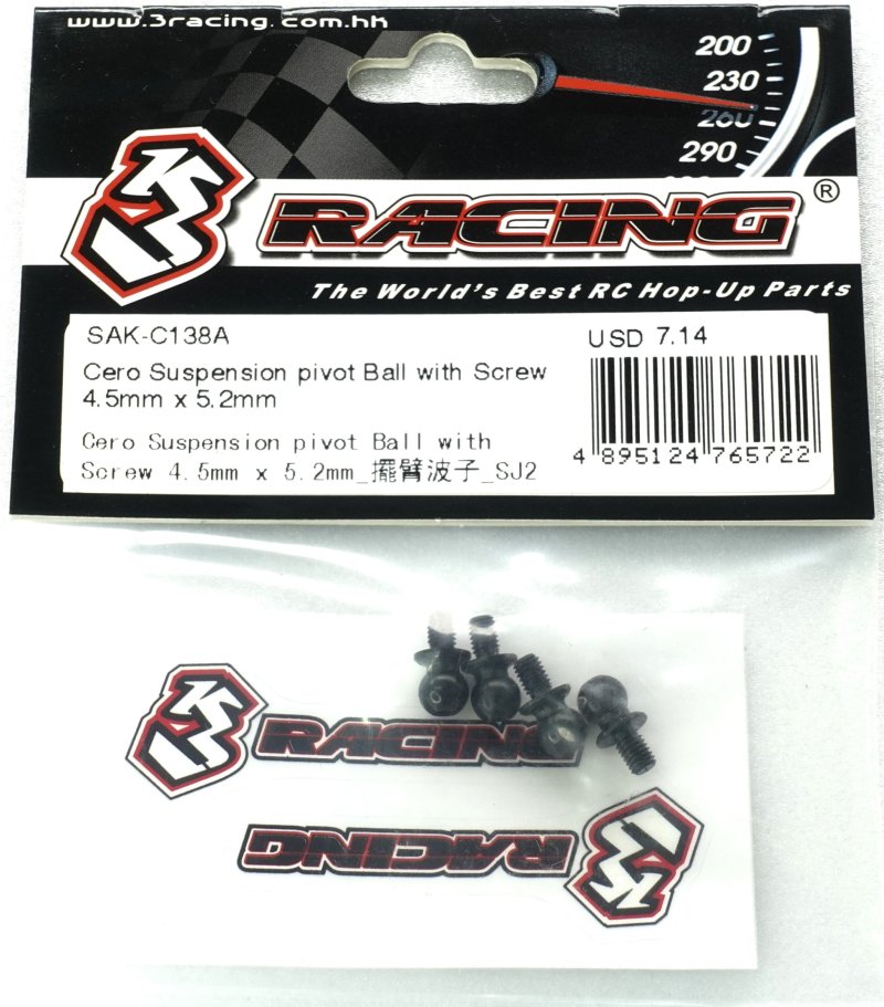 3RACING Cero Suspension Pivot Ball With Screw 4.5mm x 5.2mm (Steel) - SAK-C138A